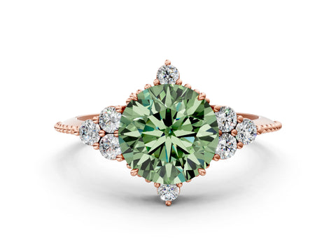 Rose gold Fancy Green Round Cut Brilliant Diamond with Cluster Setting on a Beaded Band and Four-Prong Setting