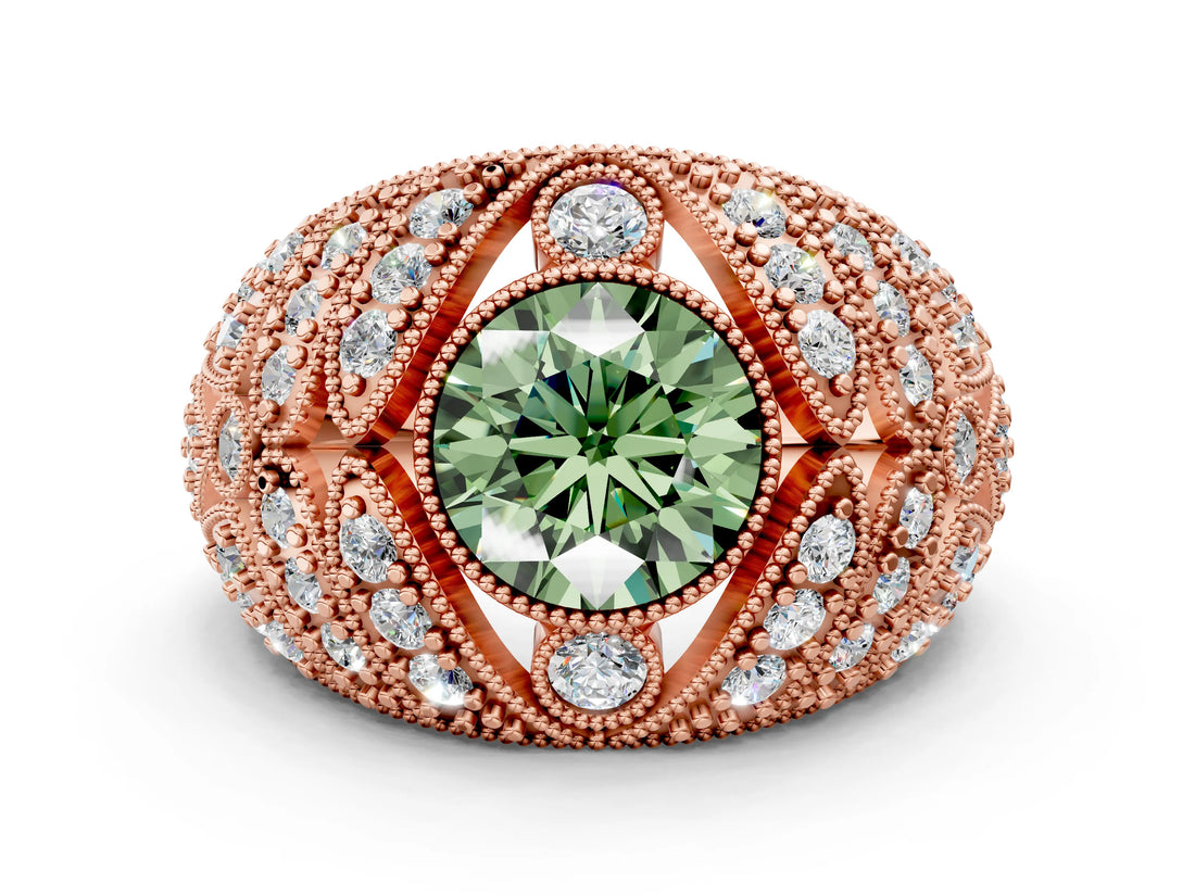 Rose gold Fancy Green Round Cut Brilliant Halo Pave Diamond Milgrain Ring