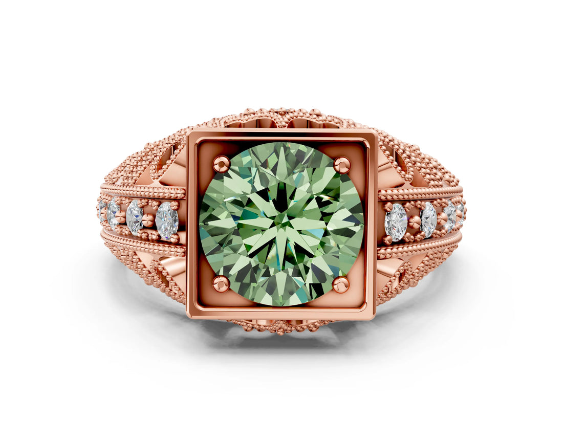 Rose gold Fancy Green Round Cut Brilliant Milgrain Filigree Diamond Ring with Square Prong Setting