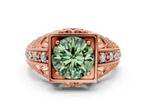 Rose gold Fancy Green Round Cut Brilliant Milgrain Filigree Diamond Ring with Square Prong Setting