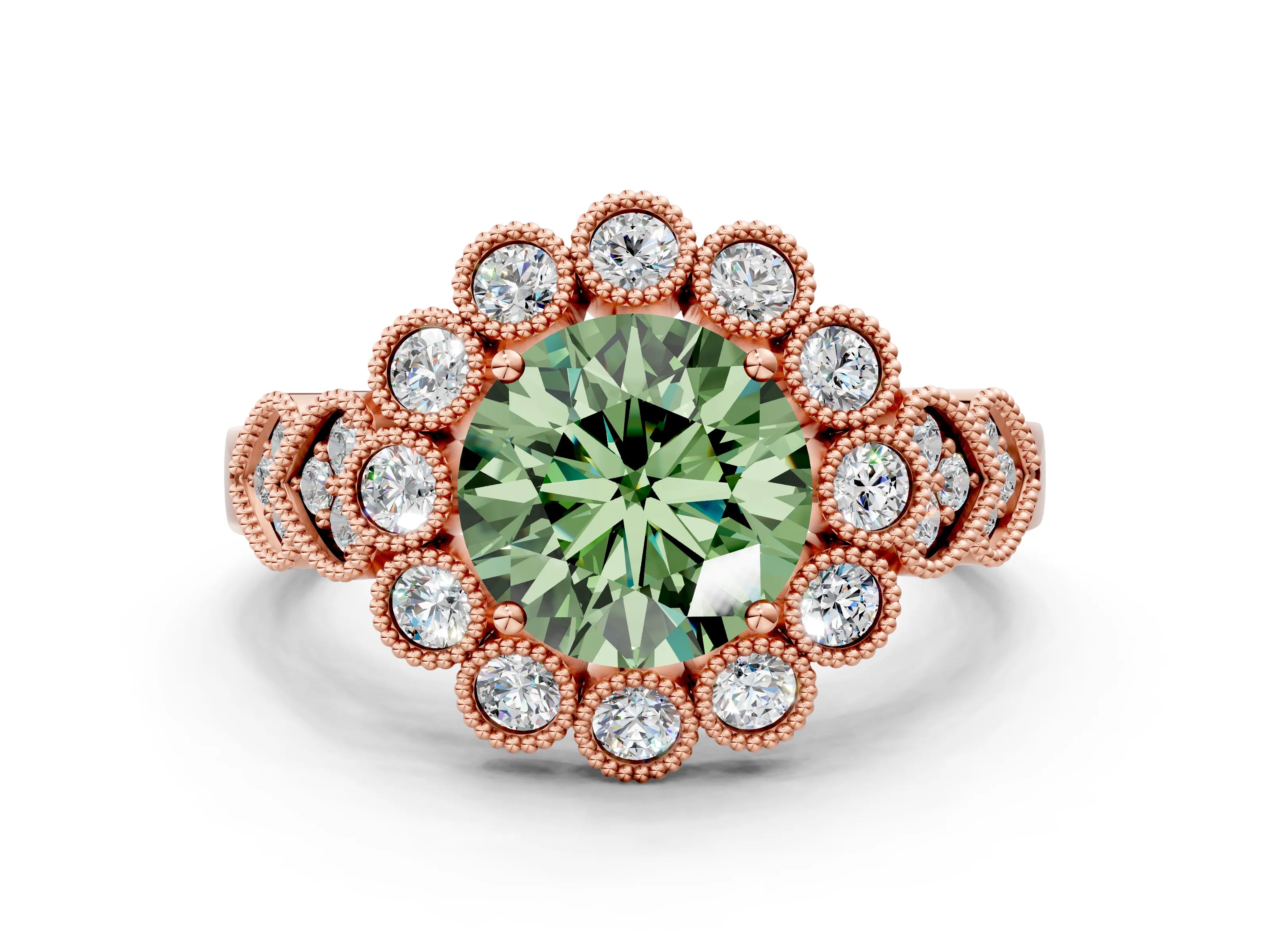 Rose gold Fancy Green Round Cut Brilliant Milgrain Pave Heart Band Solitaire Ring