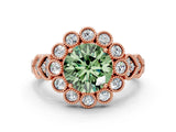 Rose gold Fancy Green Round Cut Brilliant Milgrain Pave Heart Band Solitaire Ring