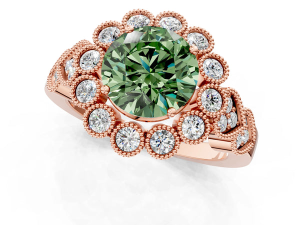 Rose gold Fancy Green Round Cut Brilliant Milgrain Pave Heart Band Solitaire Ring