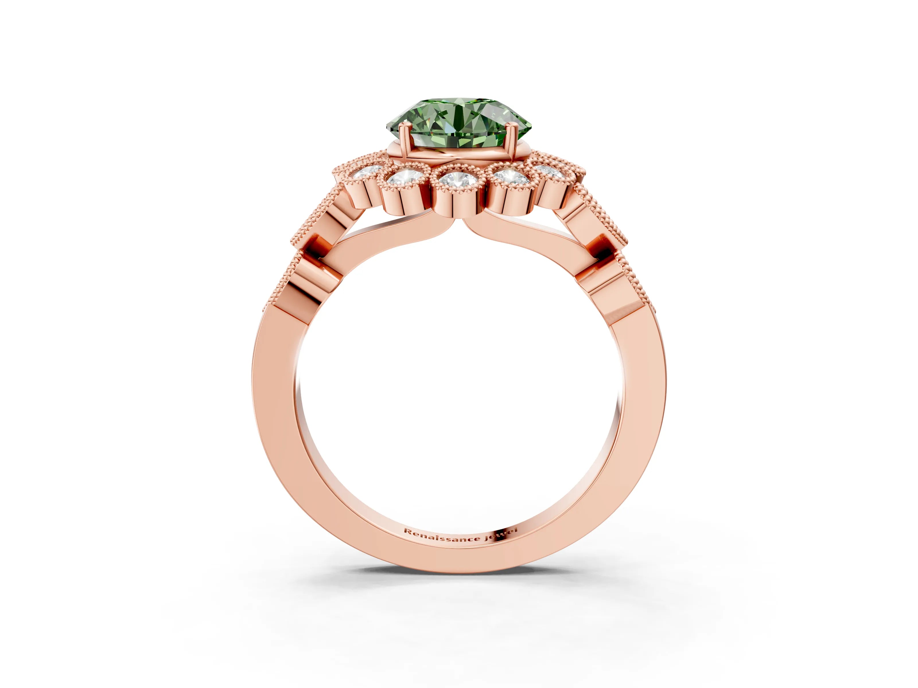 Rose gold Fancy Green Round Cut Brilliant Milgrain Pave Heart Band Solitaire Ring_3