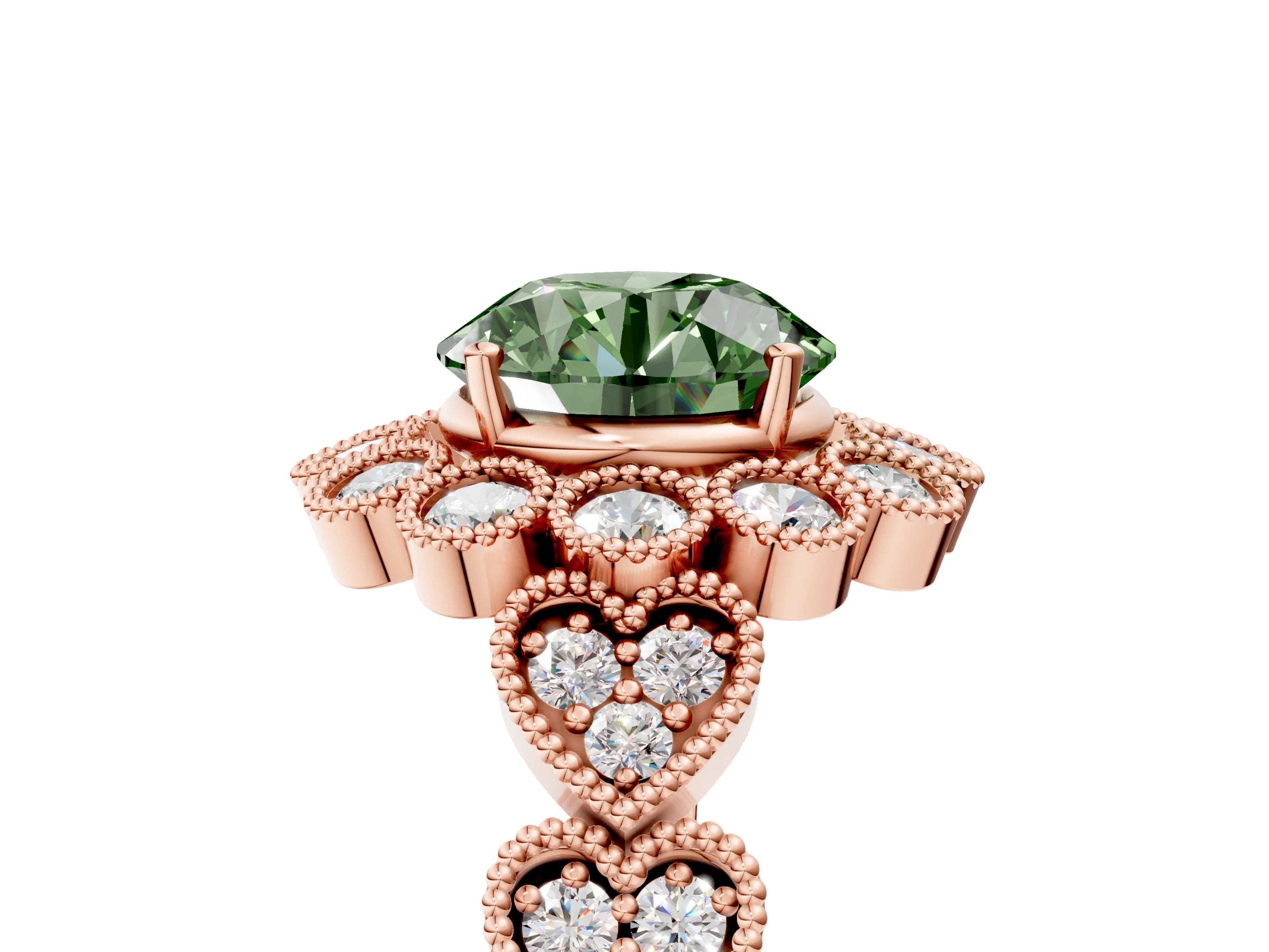 Rose gold Fancy Green Round Cut Brilliant Milgrain Pave Heart Band Solitaire Ring_5
