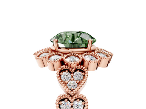 Rose gold Fancy Green Round Cut Brilliant Milgrain Pave Heart Band Solitaire Ring_5