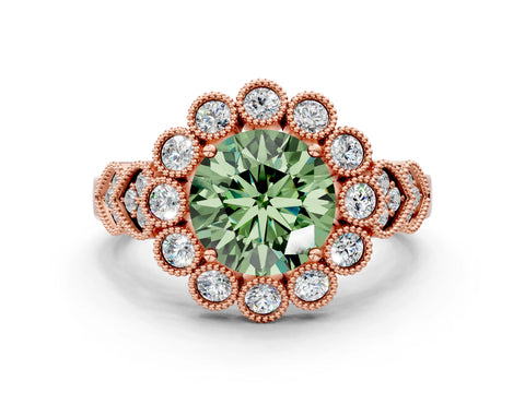 Rose gold Fancy Green Round Cut Brilliant Milgrain Pave Heart Band Solitaire Ring