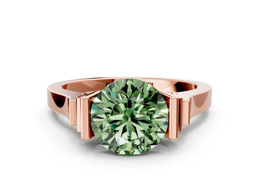 Rose gold Fancy Green Round Cut Brilliant Solitaire Diamond Ring with Channel Set Band and Bar Prong Setting