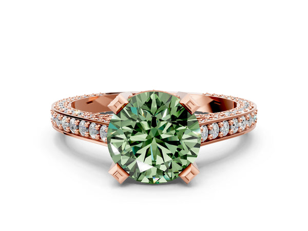 Rose gold Fancy Green Round Cut Brilliant Split Shank Pave Solitaire Ring with Four-Prong Setting