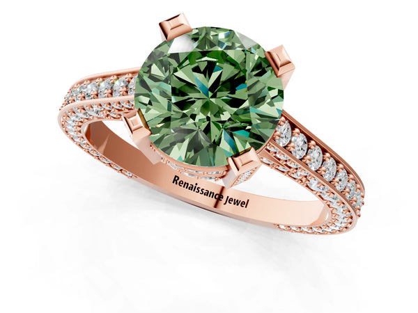 Rose gold Fancy Green Round Cut Brilliant Split Shank Pave Solitaire Ring with Four-Prong Setting