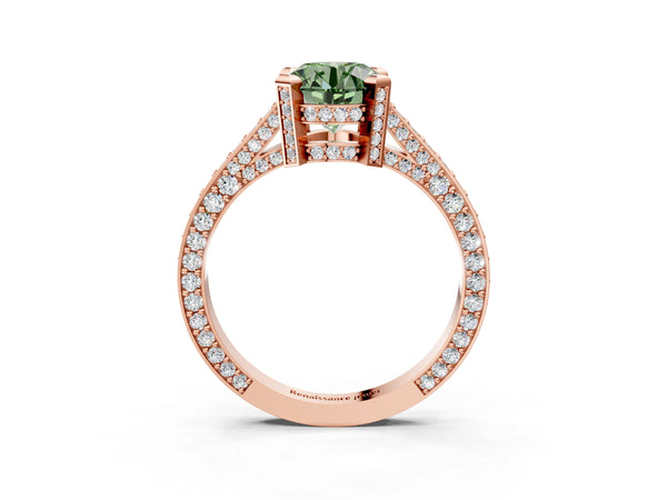 Rose gold Fancy Green Round Cut Brilliant Split Shank Pave Solitaire Ring with Four-Prong Setting