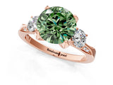 Rose gold Fancy Green Round Cut Brilliant Three-Stone Diamond Ring with Pavé Band and Four-Prong Setting_4