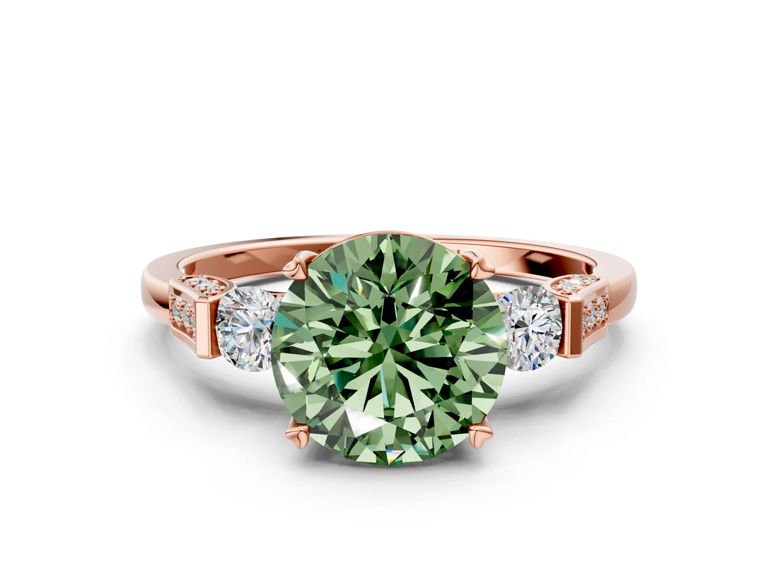 Rose gold Fancy Green Round Cut Brilliant Three-Stone Pave Band with Four-Prong Setting