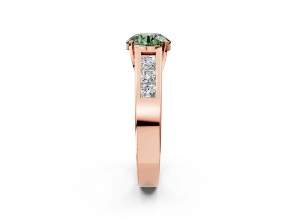 Rose gold Fancy Green Round Cut Cut Channel Set Solitaire Ring with Four-Prong Setting