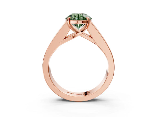 Rose gold Fancy Green Round Cut Cut Channel Set Solitaire Ring with Four-Prong Setting