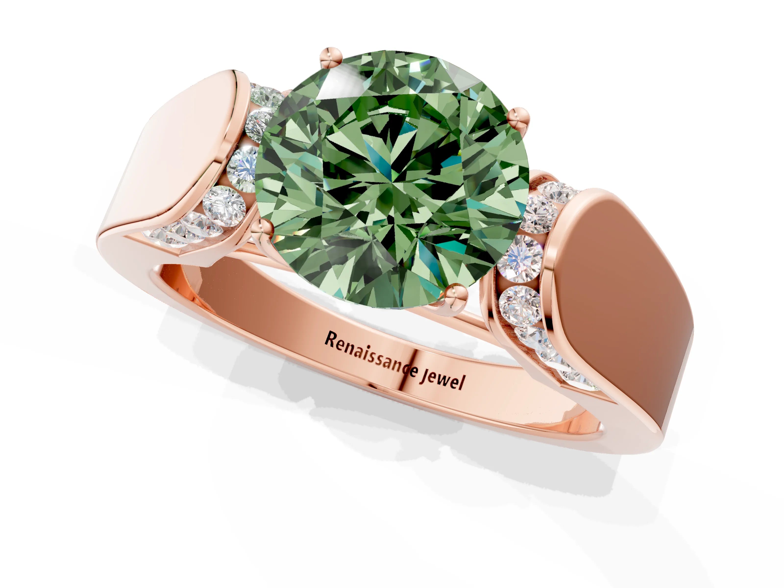 Rose gold Fancy Green Round Cut Cut Diamond Channel Set Solitaire Ring with Four-Prong Setting_1