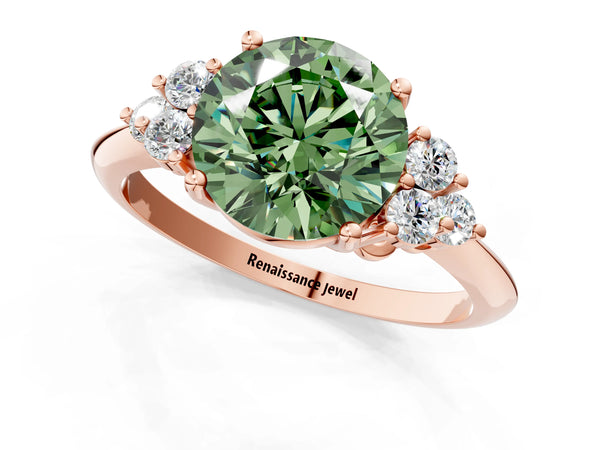 Rose gold Fancy Green Round Cut Cut Diamond Cluster Ring with Solitaire Band and Four-Prong Setting