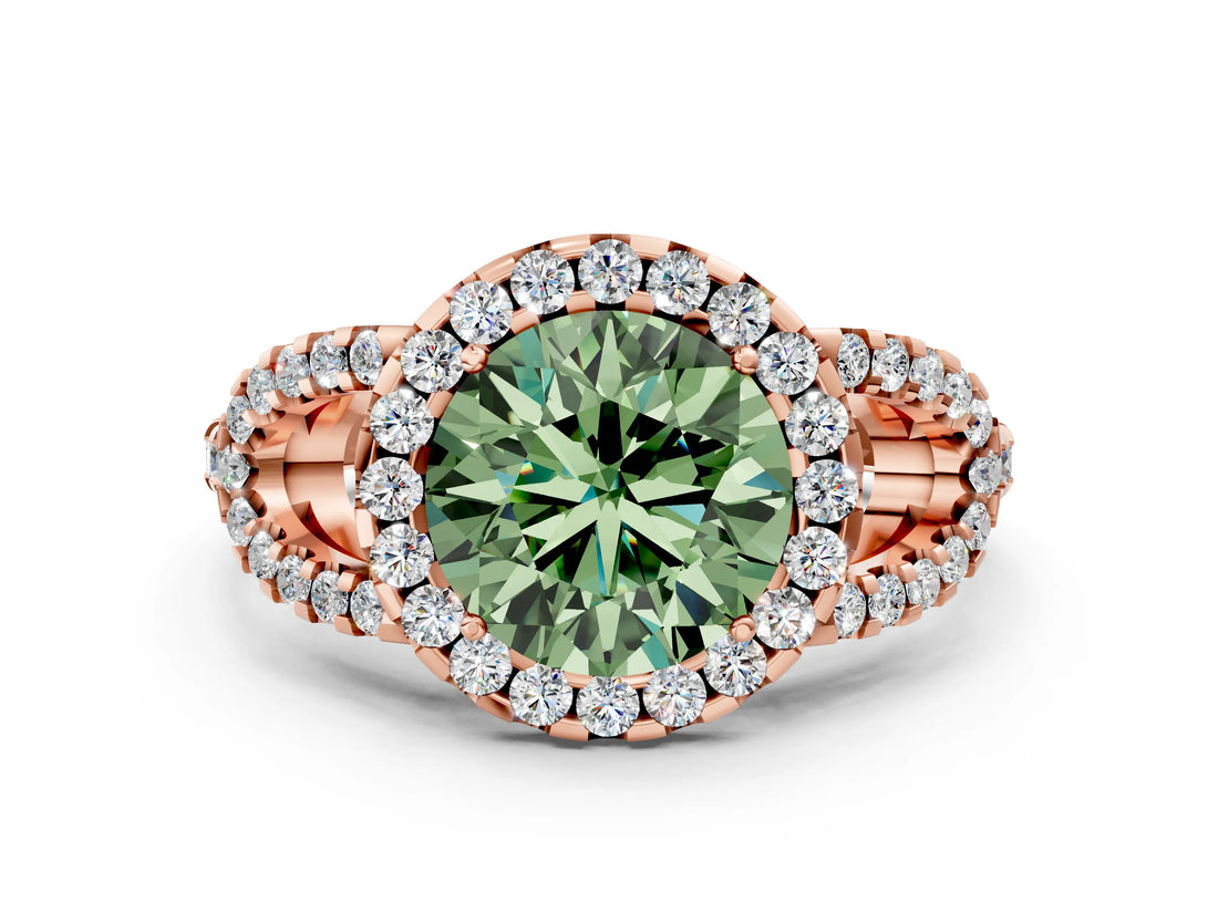 Rose gold Fancy Green Round Cut Cut Diamond Halo Engagement Ring with Open Split Pavé Band