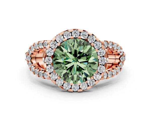 Rose Gold Round Split Shank Pave Halo Engagement Ring Setting for Fancy Green Center