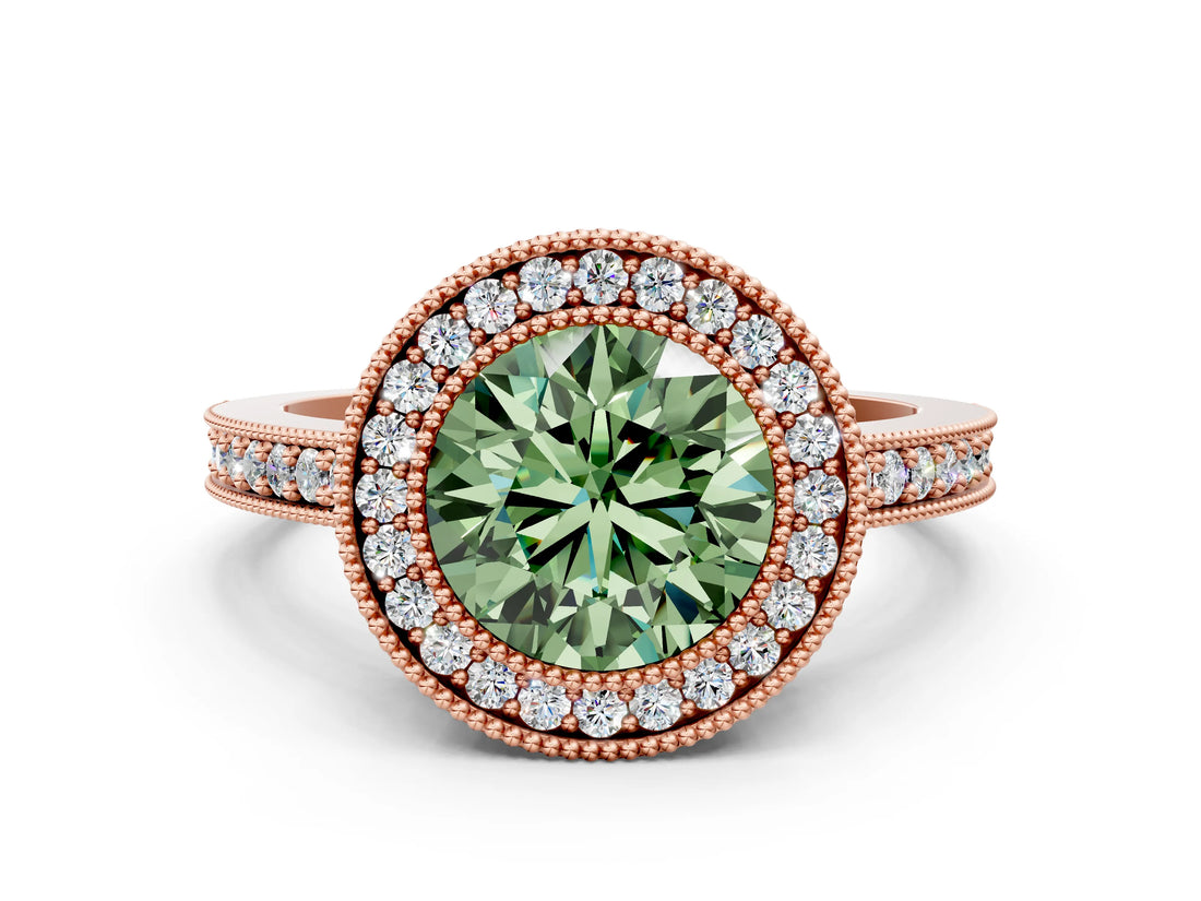 Rose gold Fancy Green Round Cut-Cut Diamond Halo Engagement Ring with Pave Band and Prong Setting