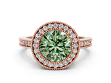 Rose gold Fancy Green Round Cut-Cut Diamond Halo Engagement Ring with Pave Band and Prong Setting