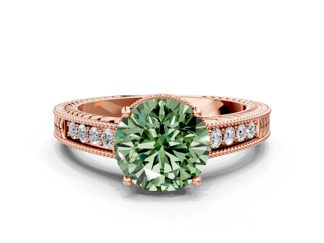 Rose gold Fancy Green Round Cut Cut Diamond Milgrain Pave Band Four-Prong Setting Ring_3