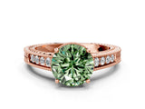 Rose gold Fancy Green Round Cut Cut Diamond Milgrain Pave Band Four-Prong Setting Ring_3