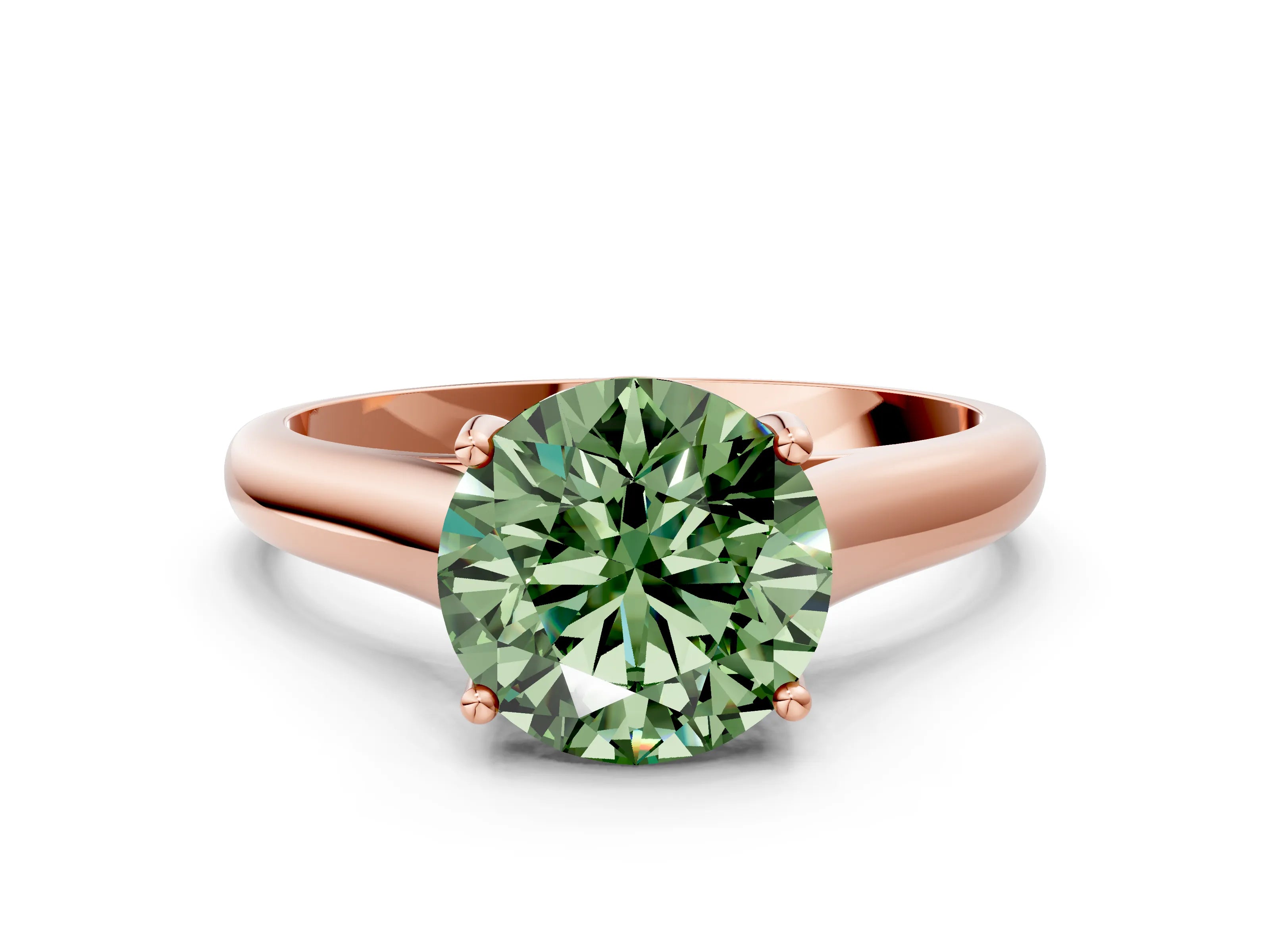 Rose gold Fancy Green Round Cut Cut Diamond Solitaire Engagement Ring with Tapered Plain Band and Four-Prong Setting