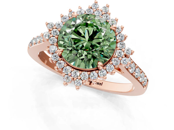 Rose gold Fancy Green Round Cut Cut Diamond Sunburst Halo Engagement Ring with Pavé Band
