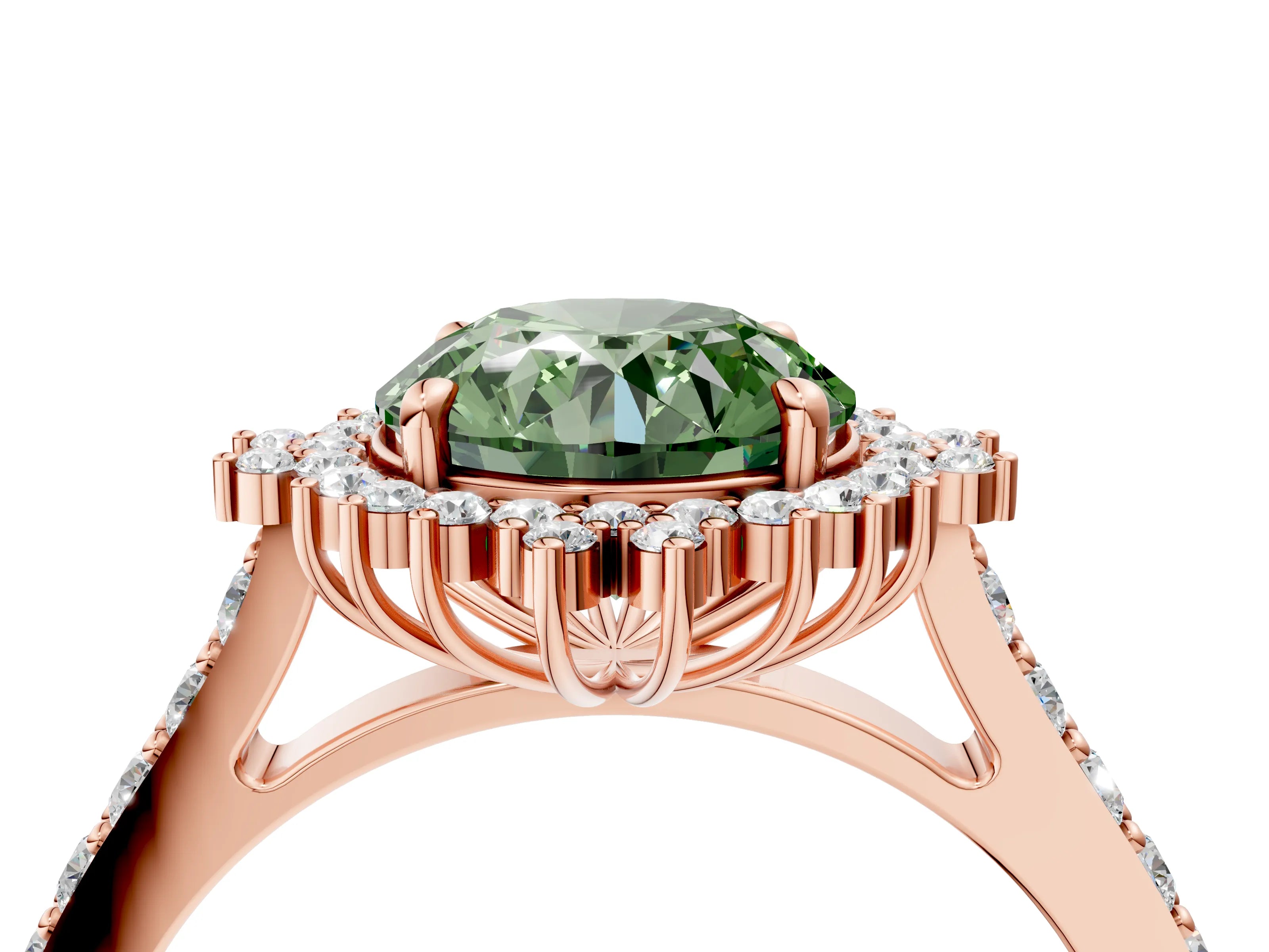 Rose gold Fancy Green Round Cut Cut Diamond Sunburst Halo Engagement Ring with Pavé Band_4