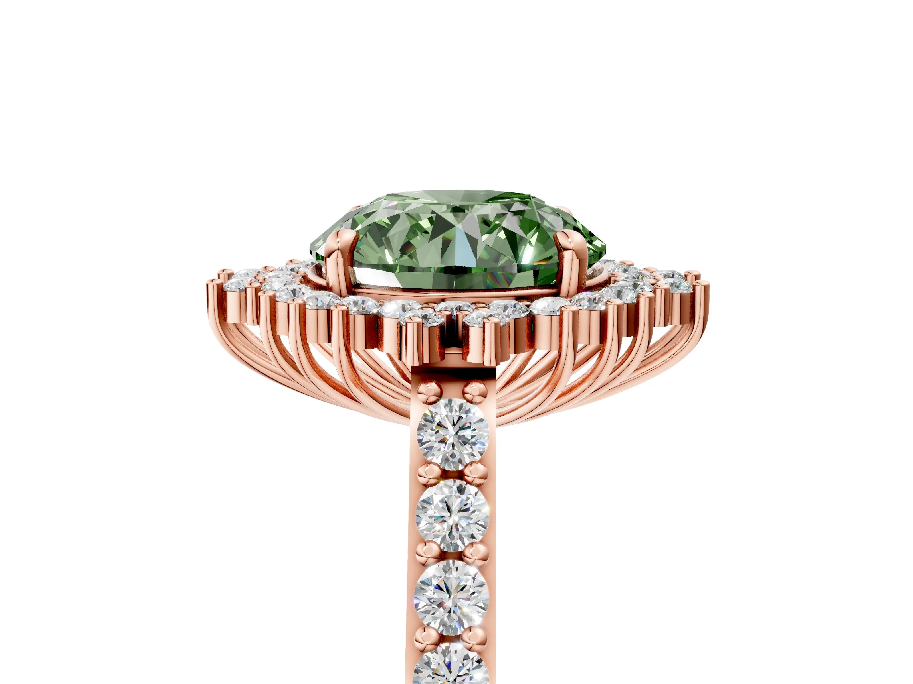 Rose gold Fancy Green Round Cut Cut Diamond Sunburst Halo Engagement Ring with Pavé Band_5