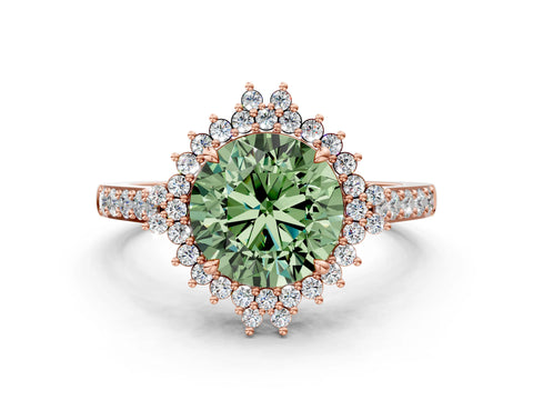 Rose gold Fancy Green Round Cut Cut Diamond Sunburst Halo Engagement Ring with Pavé Band