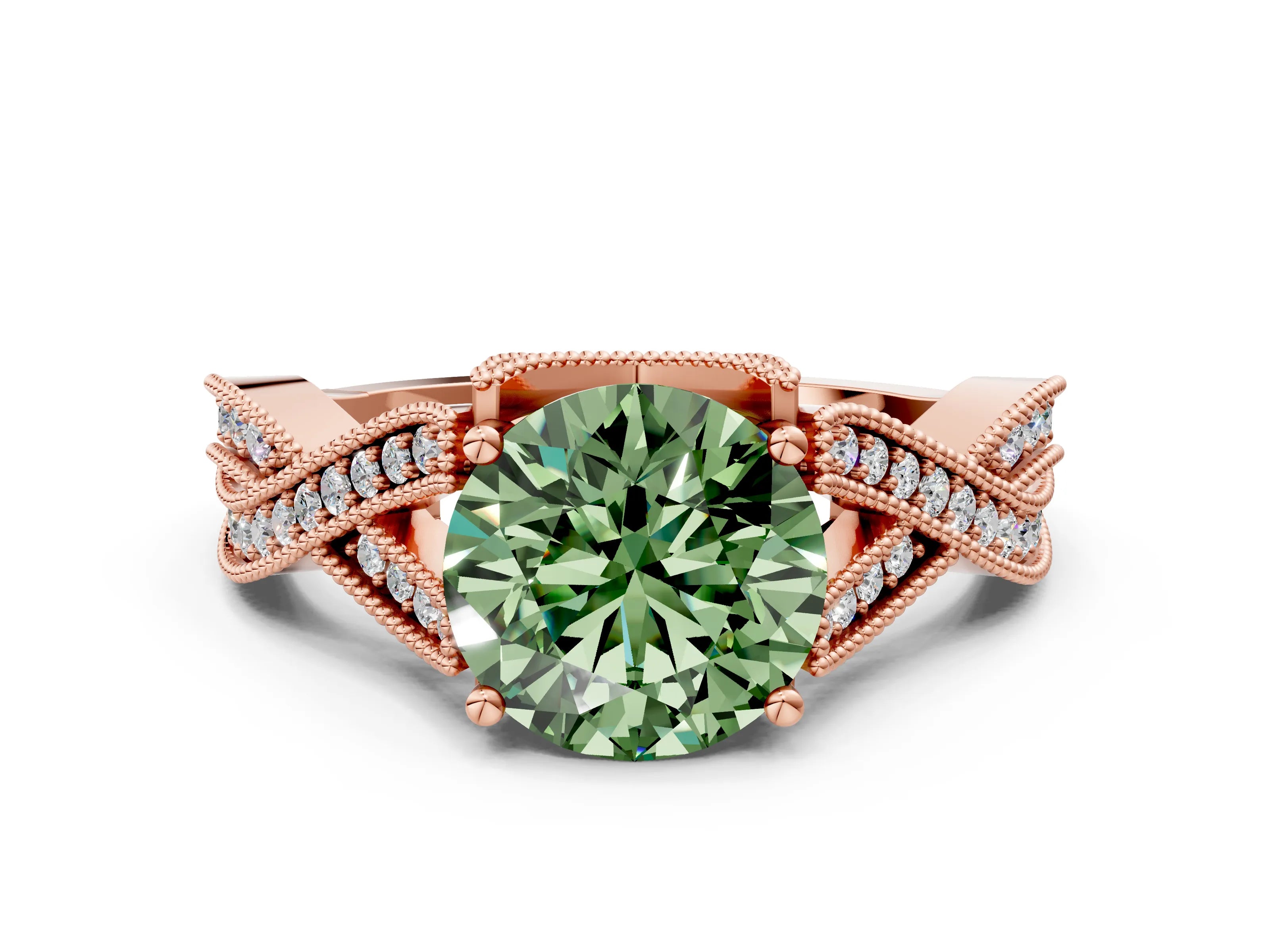 Rose gold Fancy Green Round Cut Cut Diamond Twisted Band with Milgrain Pave Setting and Four-Prong Setting