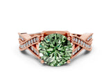 Rose gold Fancy Green Round Cut Cut Diamond Twisted Band with Milgrain Pave Setting and Four-Prong Setting