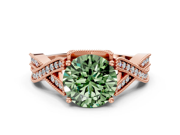 Rose gold Fancy Green Round Cut Cut Diamond Twisted Band with Milgrain Pave Setting and Four-Prong Setting