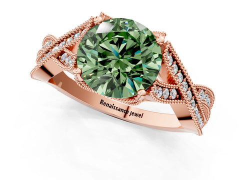 Rose gold Fancy Green Round Cut Cut Diamond Twisted Band with Milgrain Pave Setting and Four-Prong Setting_1