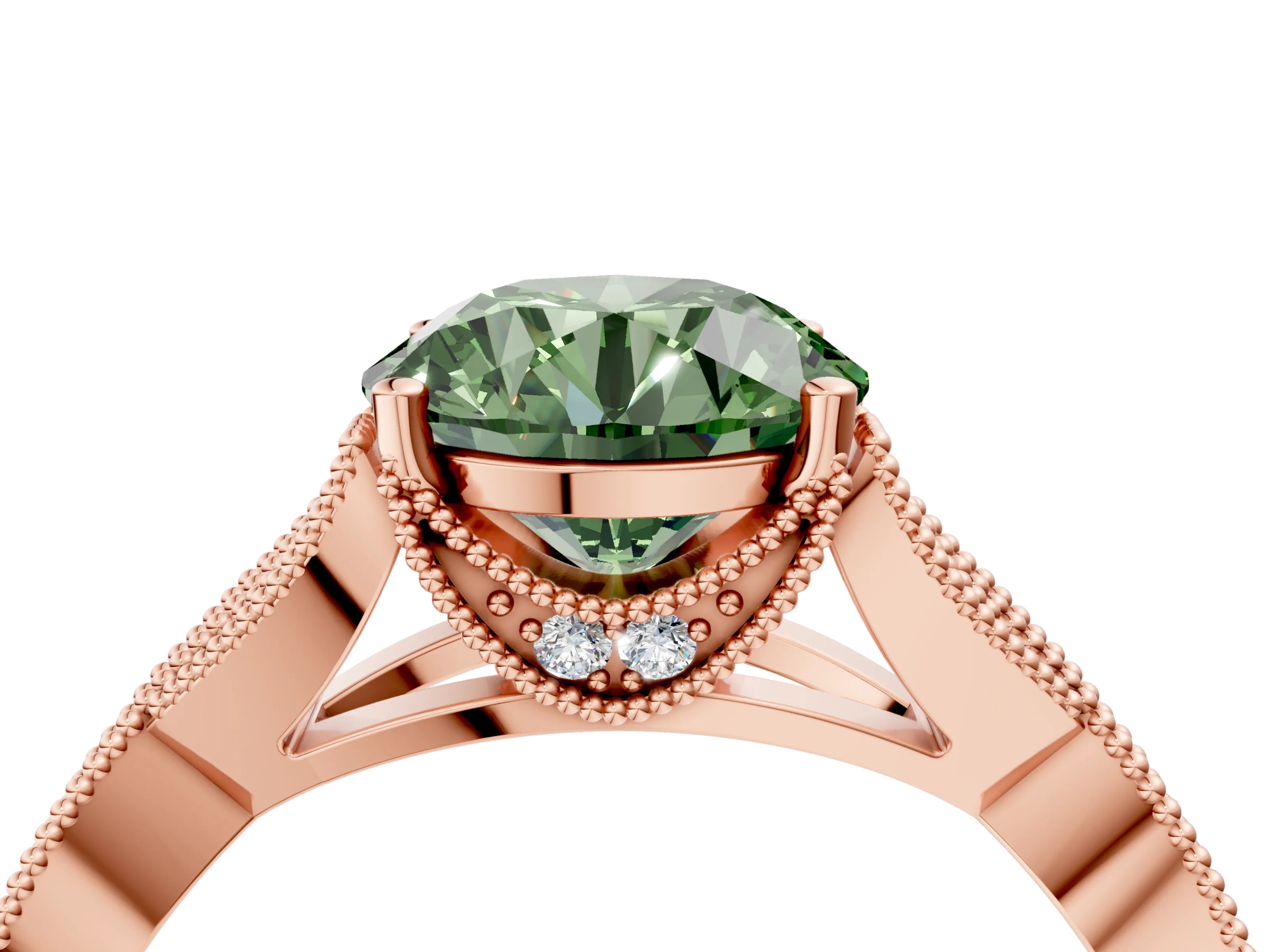 Rose gold Fancy Green Round Cut Cut Diamond Twisted Band with Milgrain Pave Setting and Four-Prong Setting_4