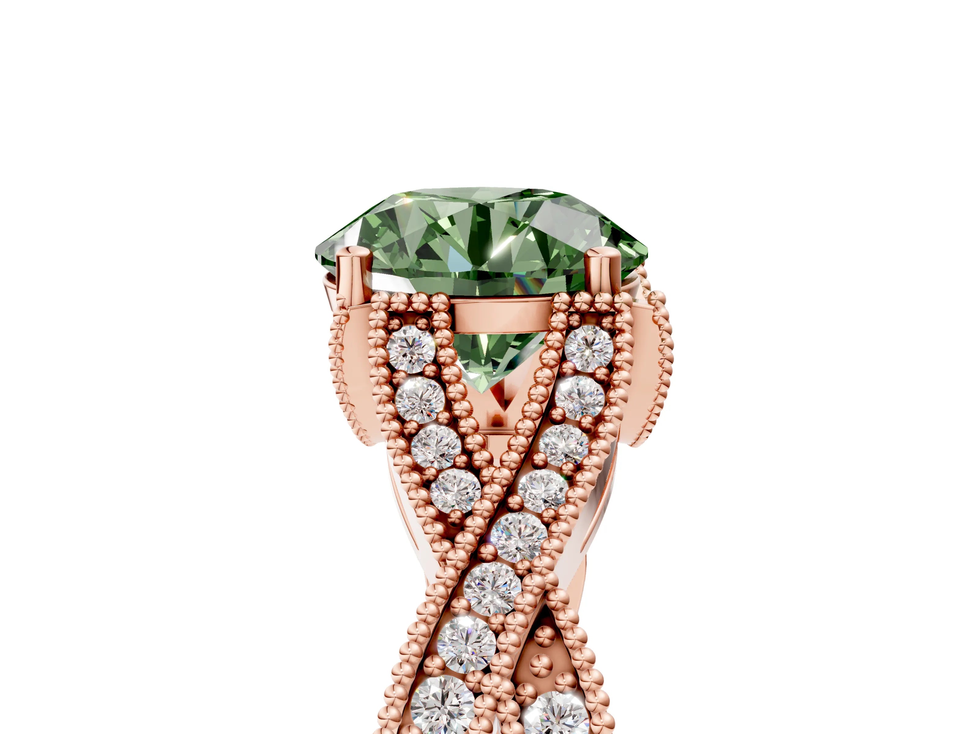 Rose gold Fancy Green Round Cut Cut Diamond Twisted Band with Milgrain Pave Setting and Four-Prong Setting_5