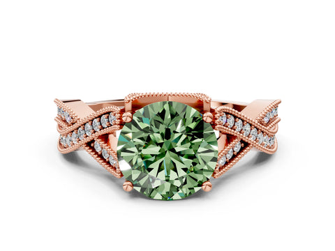 Rose gold Fancy Green Round Cut Cut Diamond Twisted Band with Milgrain Pave Setting and Four-Prong Setting