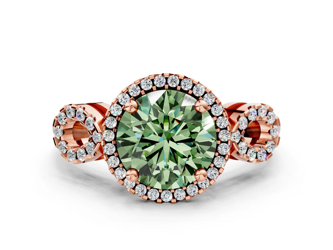 Rose gold Fancy Green Round Cut Cut Halo Diamond Infinity Band with Four-Prong Setting