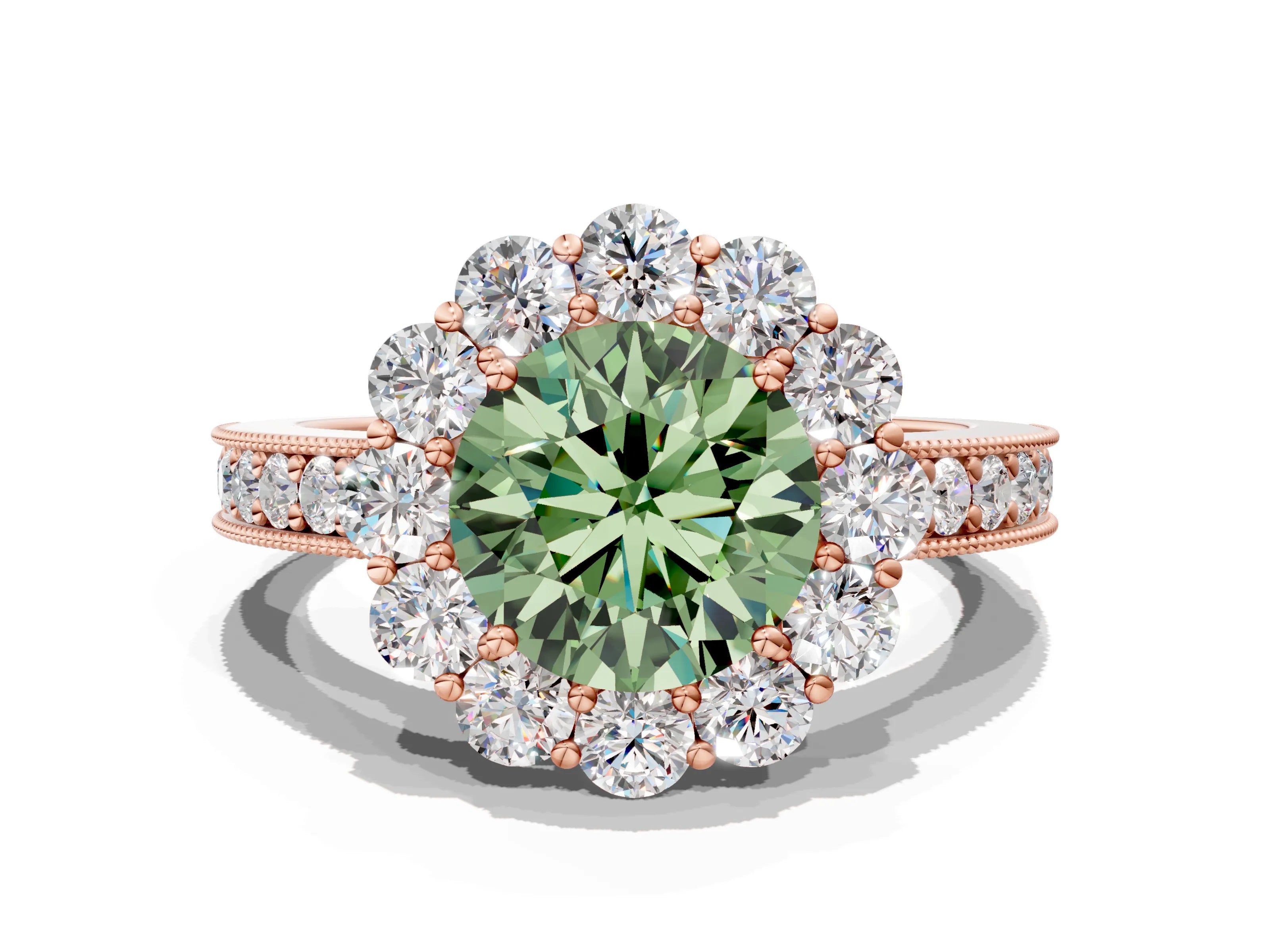 Rose gold Fancy Green Round Cut Cut Halo Diamond Pavé Engagement Ring with Milgrain Detailing