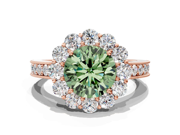 Rose gold Fancy Green Round Cut Cut Halo Diamond Pavé Engagement Ring with Milgrain Detailing