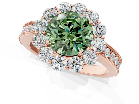 Rose gold Fancy Green Round Cut Cut Halo Diamond Pavé Engagement Ring with Milgrain Detailing_1