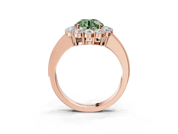 Rose gold Fancy Green Round Cut Cut Halo Diamond Pavé Engagement Ring with Milgrain Detailing