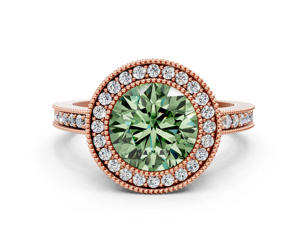Rose Gold Round Double Milgrain Halo Engagement Ring Setting for Fancy Green Center