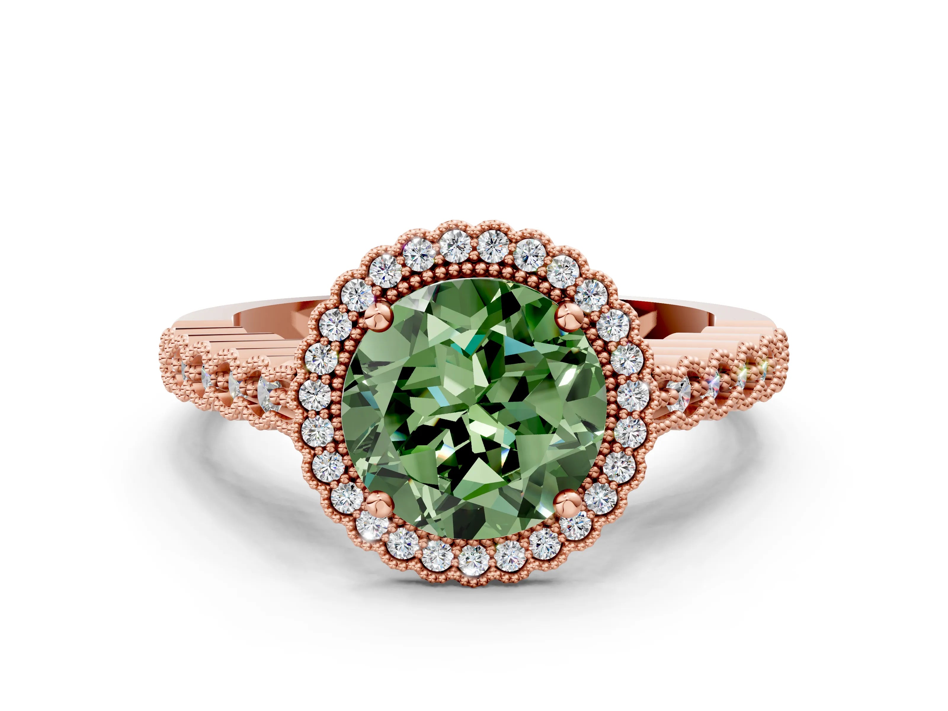 Rose gold Fancy Green Round Cut Cut Halo Pavé Solitaire Ring with Milgrain Band