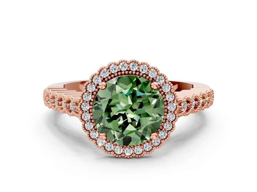 Rose gold Fancy Green Round Cut Cut Halo Pavé Solitaire Ring with Milgrain Band