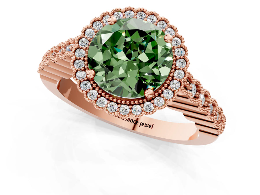 Rose gold Fancy Green Round Cut Cut Halo Pavé Solitaire Ring with Milgrain Band