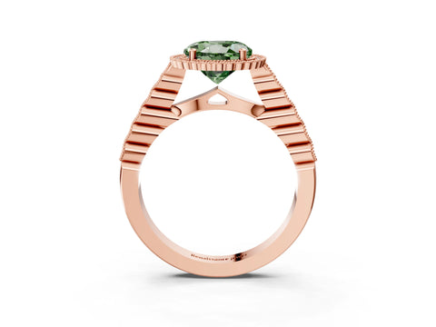 Rose gold Fancy Green Round Cut Cut Halo Pavé Solitaire Ring with Milgrain Band_3