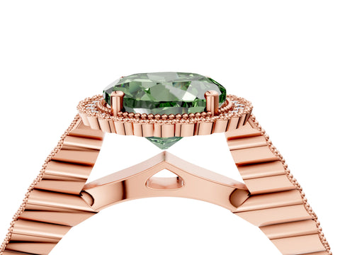 Rose gold Fancy Green Round Cut Cut Halo Pavé Solitaire Ring with Milgrain Band_4